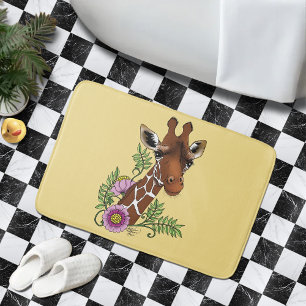 Giraffe Flowers Yellow Cute Wildlife Bath Mat