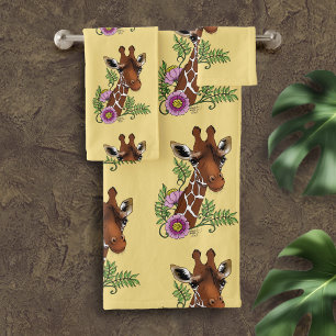 Giraffe Flowers Yellow Cute Wildlife Bath Towel Set