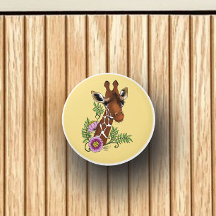 Giraffe Flowers Yellow Cute Wildlife Ceramic Knob