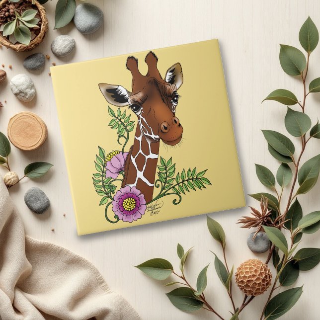 Giraffe Flowers Yellow Cute Wildlife Ceramic Tile (Creator Uploaded)