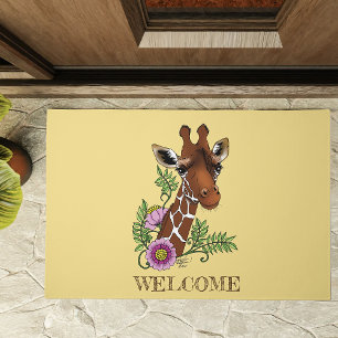 Giraffe Flowers Yellow Cute Wildlife Doormat