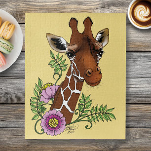 Giraffe Flowers Yellow Cute Wildlife Jigsaw Puzzle