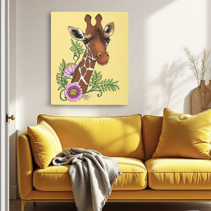 Giraffe Flowers Yellow Cute Wildlife Metal Print