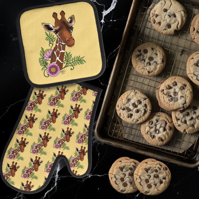 Giraffe Flowers Yellow Cute Wildlife Oven Mitt & Pot Holder Set (Creator Uploaded)