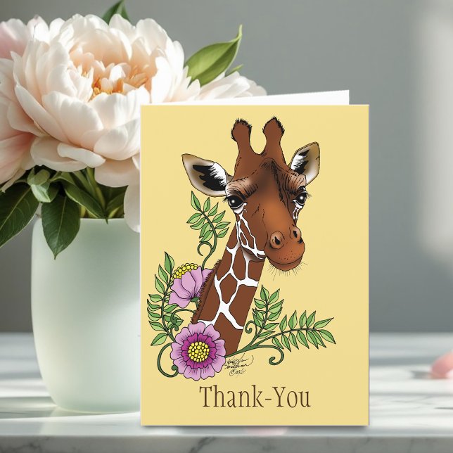 Giraffe Flowers Yellow Cute Wildlife Thank You Card (Creator Uploaded)