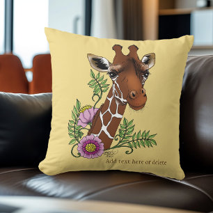 Giraffe Flowers Yellow Cute Wildlife Throw Pillow