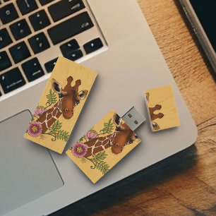 Giraffe Flowers Yellow Cute Wildlife Wood Flash Drive