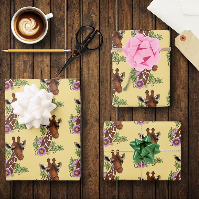 Giraffe Flowers Yellow Cute Wildlife Wrapping Paper Sheets (Creator Uploaded)
