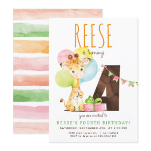 Giraffe Fourth Birthday Party Invitation