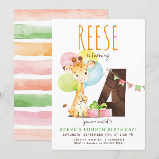 Giraffe Fourth Birthday Party Invitation