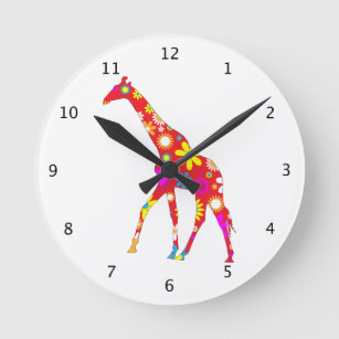 Giraffe funky floral retro flowery colorful fun round clock