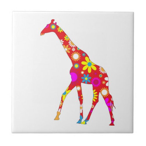 Giraffe funky retro floral flowers tile trivet