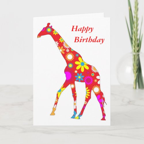 Giraffe Funky retro floral flowery birthday card