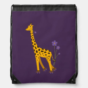 Giraffe Funny Purple Cartoon Rollerskating Animal Drawstring Bag