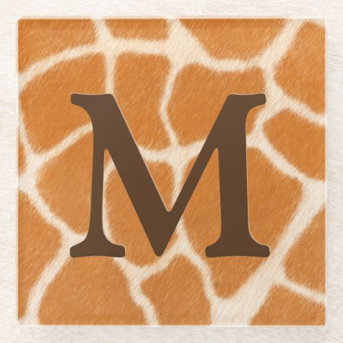 Giraffe Fur Animal Print Dark Brown Monogrammed  Glass Coaster