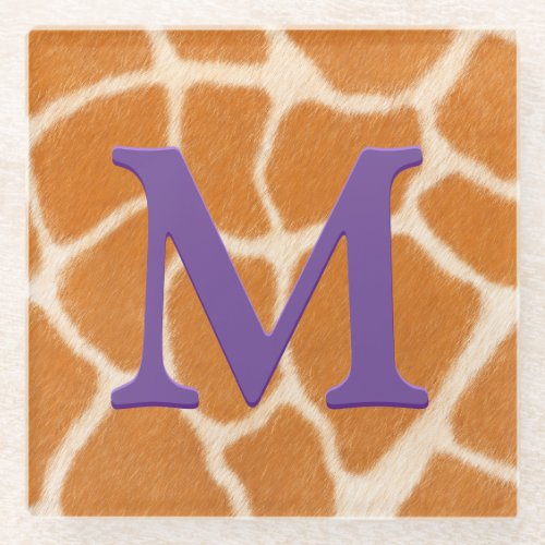 Giraffe Fur Animal Print Dark Purple Monogrammed Glass Coaster