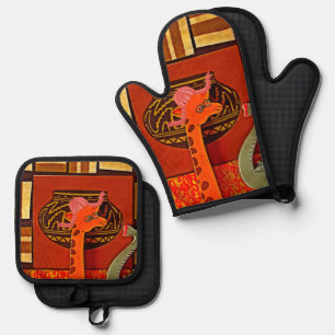 Giraffe Gala: Whimsical Hat-Wearing Giraffe Art Oven Mitt & Pot Holder Set