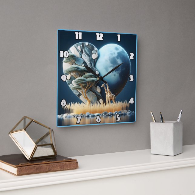 Giraffe gazing at a serene heart-shaped landscape square wall clock (Office)