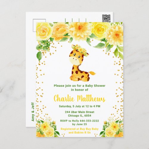 Giraffe Gender Neutral Baby Shower Postcard