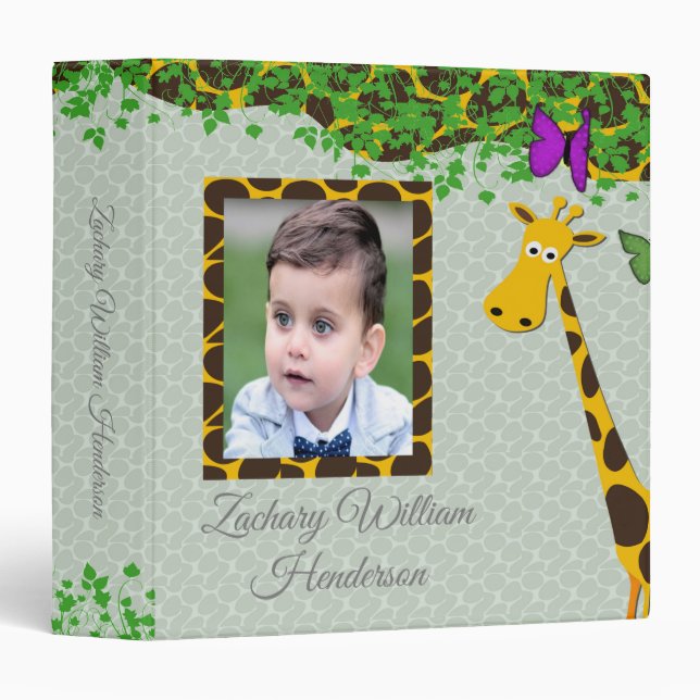 Giraffe Gender Neutral Gray Baby Photo Album 3 Ring Binder (Front/Spine)