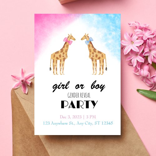 Giraffe Gender Reveal Party Girl or Boy Invitation