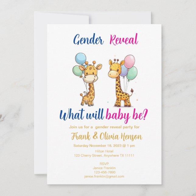 Giraffe Gender Reveal with Balloons Invitation (Front)