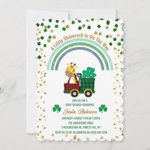 Giraffe Gold Leprechaun Clover Rainbow Baby Shower Invitation