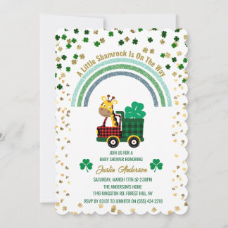 Giraffe Gold Leprechaun Clover Rainbow Baby Shower Invitation