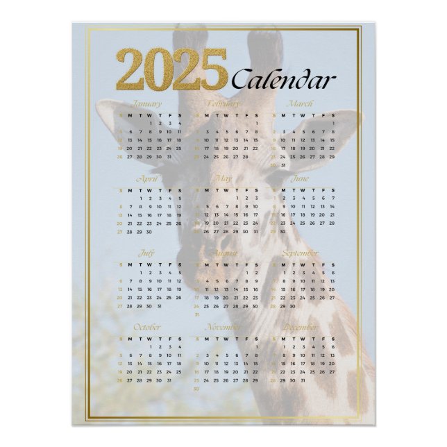 Giraffe Golden Elegance 2025 Calendar Poster (Front)