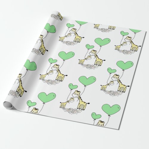 Giraffe Green Balloon Mama Baby Shower Boy Girl Wrapping Paper