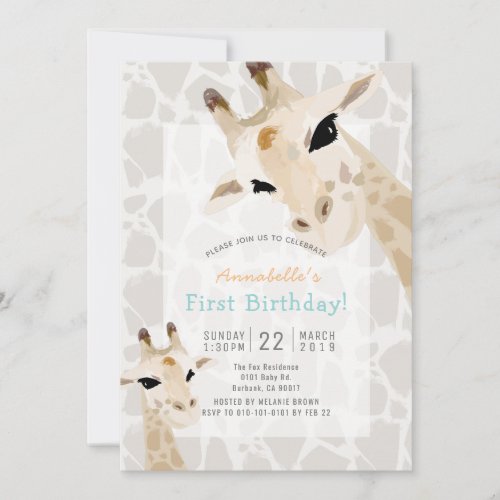 Giraffe Greige Watercolor 1st Birthday Invitation