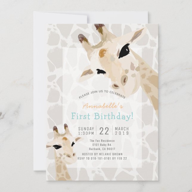 Giraffe Greige Watercolor 1st Birthday Invitation (Front)