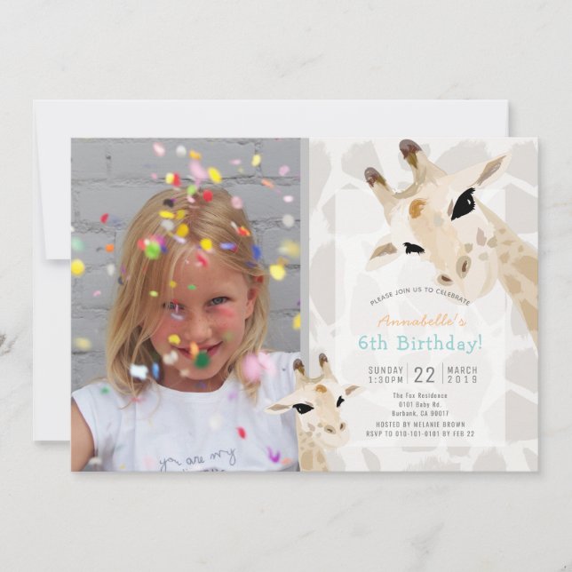Giraffe Greige Watercolor Kids Photo Birthday Invitation (Front)