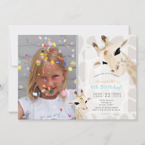 Giraffe Greige Watercolor Kids Photo Birthday Invitation