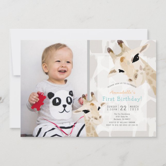 Giraffe Greige Watercolor Photo 1st Birthday Invitation (Front)