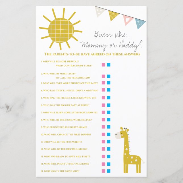 Giraffe Guess Who, Mommy or Daddy Baby Shower Game (Front)