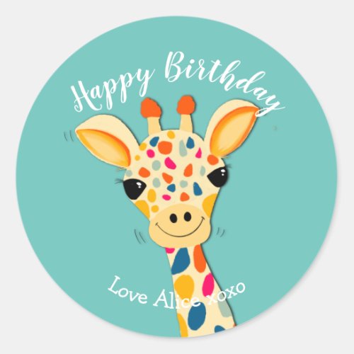 giraffe happy birthday bouquet gift wrapping classic round sticker