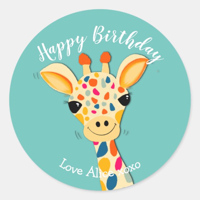 giraffe happy birthday bouquet gift wrapping classic round sticker (Front)
