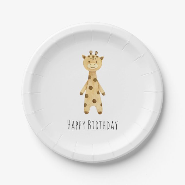 Giraffe "Happy Birthday" cute minimalist   Paper Plates (Front)