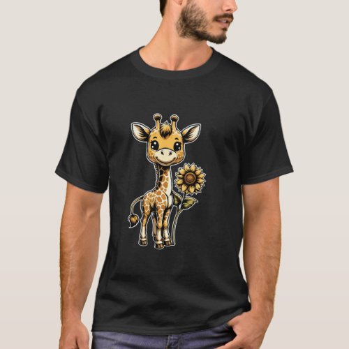 Giraffe Holding Sunflower for Giraffe Lovers Zooke T_Shirt