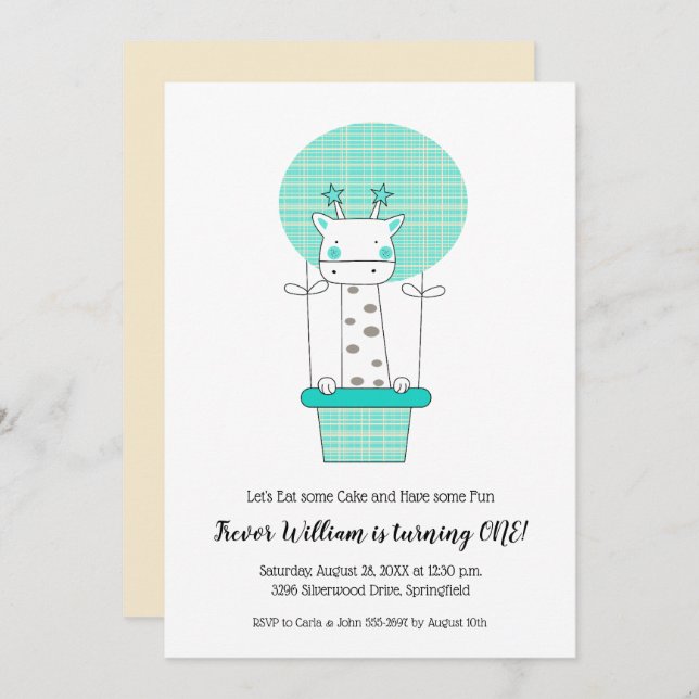Giraffe Hot Air Balloon Boys First Birthday Invite (Front/Back)