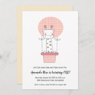 Giraffe Hot Air Balloon Girl First Birthday Invite