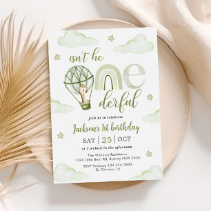 Giraffe Hot Air Balloon Green Boy 1st Birthday Invitation
