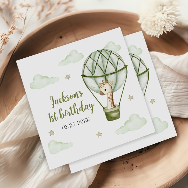 Giraffe Hot Air Balloon Green Boy 1st Birthday Napkins (Creator Uploaded)