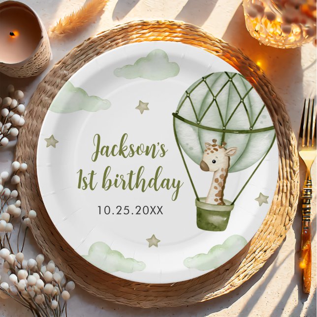 Giraffe Hot Air Balloon Green Boy 1st Birthday Paper Plates (Creator Uploaded)