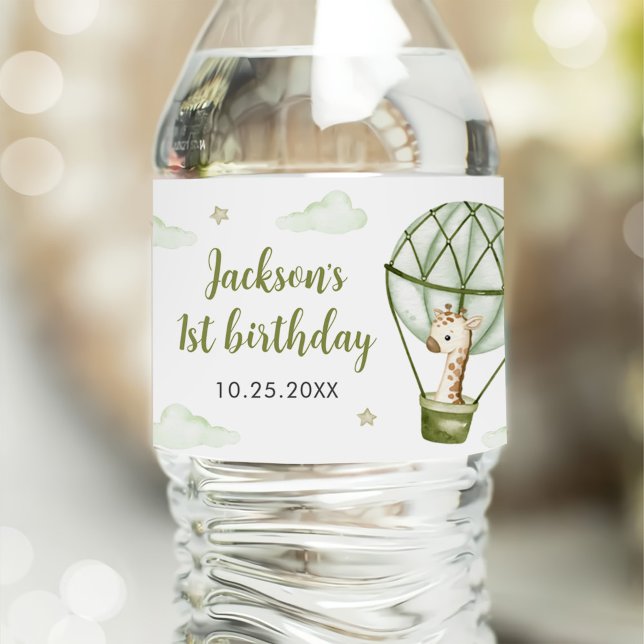 Giraffe Hot Air Balloon Green Boy 1st Birthday Water Bottle Label (Creator Uploaded)