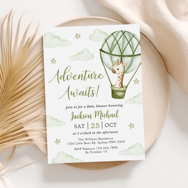 Giraffe Hot Air Balloon Green Boy Baby Shower Invitation (Creator Uploaded)