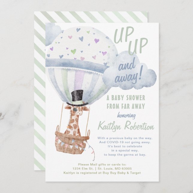 Giraffe Hot Air Balloon Shower By Mail Invitation (Front/Back)