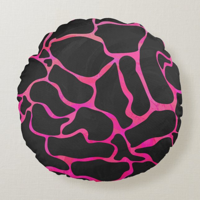 Giraffe Hot Pink and Black Print Round Pillow (Front)