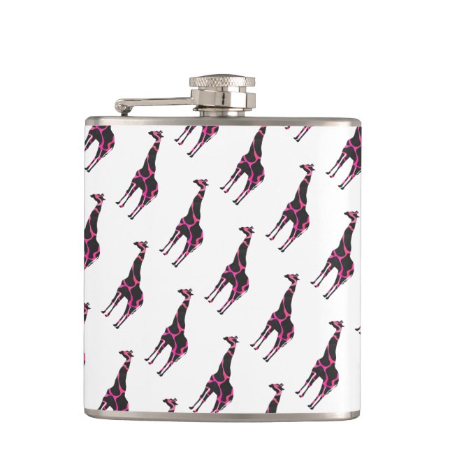 Giraffe Hot Pink and Black Silhouette Hip Flask (Front)